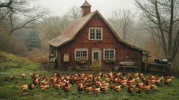 Flock of brown hens roaming freely near a rustic wooden barn in early morning light photo
