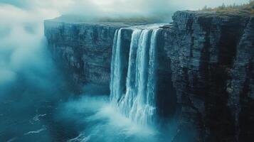 Majestic waterfall cascading over cliffs in a misty landscape at dawn photo
