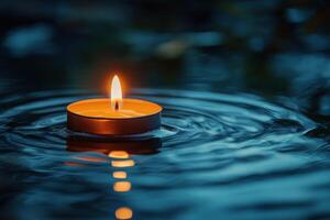 Floating candle illuminates rippling water during a serene evening setting photo