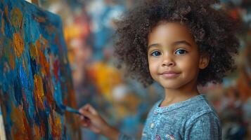 Child artist smiling in colorful studio filled with abstract artworks and vibrant paintings photo