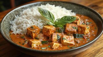 Creamy curry with tofu served over fluffy rice in a rustic bowl photo