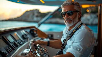 Man navigates a vintage boat on a clear blue day near rocky coastline photo