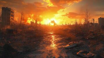 Desolate landscape with ruined buildings under a dramatic sunset in a post-apocalyptic setting photo