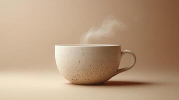 Warm cup of coffee with steam against a soft brown background in a cozy setting photo