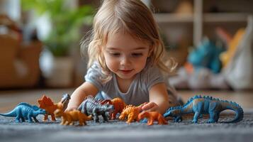 Child playing with colorful dinosaur toys on a rug in a cozy indoor space photo