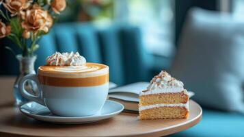 Delicious layers of cake paired with a latte in a cozy cafe setting during afternoon hours photo
