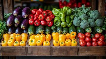 Fresh selection of colorful vegetables at a local market showcasing a variety of peppers and eggplants photo