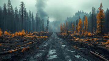 Sunset casts warm glow over burnt forest and reflective puddles in serene landscape photo