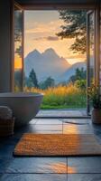 Relaxing bathtub with mountain view in a serene wooden cabin retreat photo
