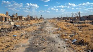 Destruction in an urban landscape with debris and stagnant water in a war-torn area photo