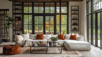 Cozy modern living room with large windows and comfortable furniture near nature photo