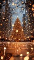 Giant illuminated Christmas tree adorned with bright lights in a bustling urban square during winter photo