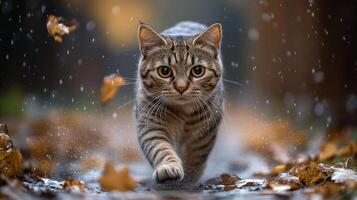 Cat walking on a rainy day with colorful leaves in the background and droplets in the air photo