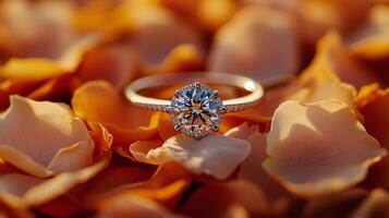 Elegant diamond ring placed on soft pink petals for a romantic display in natural light photo