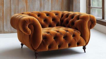 Elegant white tufted armchair in a cozy, well-lit living space featuring soft textures and rich colors photo