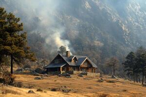 Cozy log cabin in the mountains during early morning hours with smoke rising from the chimney photo