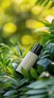 Green bottle surrounded by lush leaves in a natural setting showcasing eco-friendly products photo