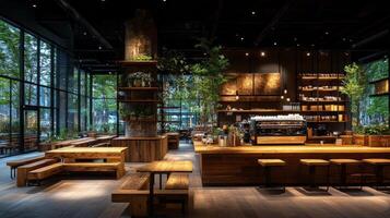 Cozy cafe interior featuring a rustic design with wooden furnishings and brick walls photo