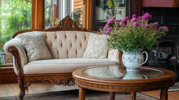 Cozy living room with leather couch and elegant coffee table arrangement photo