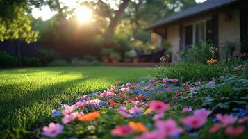 Colorful flower garden blooms with vibrant petals in a well-maintained outdoor space photo