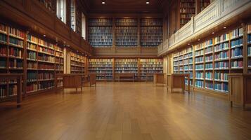 Long corridor lined with shelves filled with colorful books in an old library setting photo