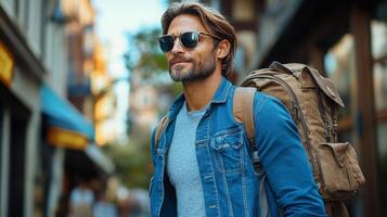 Young man with backpack walking through urban street during autumn afternoon, enjoying travel experience photo