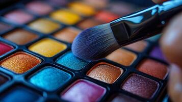 Close-up of a makeup brush applying color to an eyeshadow palette during a beauty routine photo