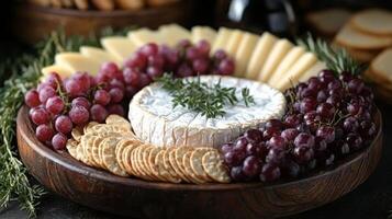 Elegant cheese platter with assorted fruits and crackers for a festive gathering photo