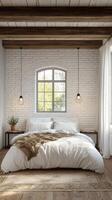 Cozy bedroom with white brick walls and warm textiles in a modern designed space photo