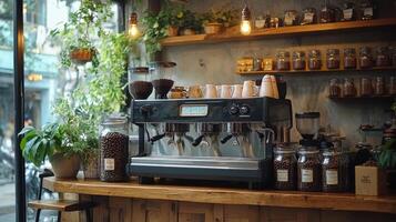 Coffee preparation area with espresso machine and jars of coffee beans in a cozy cafe photo