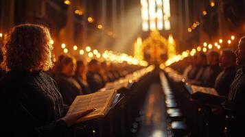 Gathering of individuals in a grand cathedral during an evening ceremony photo