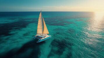 Stunning sailboat navigating turquoise waters near a tropical island with lush greenery photo