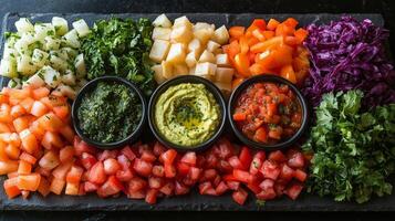 Colorful arrangement of fresh vegetables and dips on a wooden platter for a gathering photo