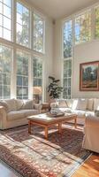 Bright and airy living room with large windows and cozy furnishings in a modern design style photo