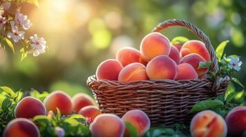 Freshly picked peaches in a woven basket surrounded by lush greenery at sunset photo
