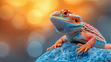 Bearded dragon basking on rock with golden bokeh background during sunny afternoon photo