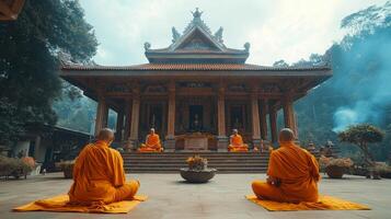 Monks meditate in traditional temple during serene morning at historic Buddhist site photo