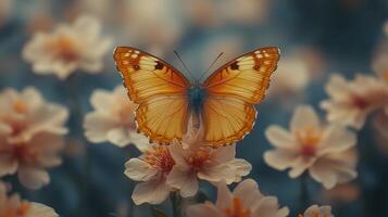 Monarch butterfly resting on pink flowers in a garden during the warm afternoon photo