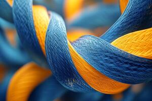 Vibrant blue and yellow twisted fibers create a mesmerizing abstract pattern in close-up view photo