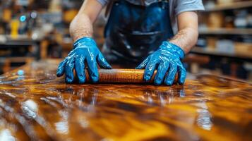 Artist shapes golden liquid creating intricate designs in workshop during vibrant afternoon light photo