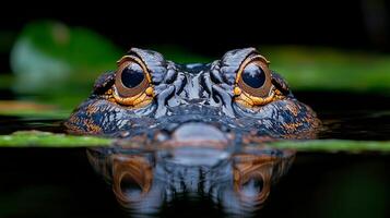 Encounter with a freshwater caiman in natural habitat during a misty morning photo