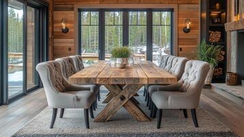 Elegant dining area with wooden table and comfortable chairs in a cozy cabin setting photo