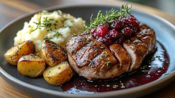 Exquisite plate of seared duck breast with roasted vegetables and creamy mashed potatoes photo