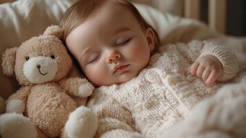 Baby sleeps peacefully next to a soft teddy bear in a cozy nursery setting photo