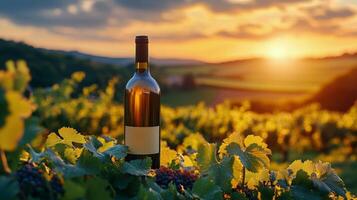 Sunset over vineyard with a bottle of wine surrounded by grapes in the foreground photo