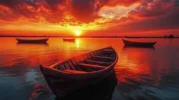 Sunset reflections over tranquil water with a silhouette of a boat near the horizon photo