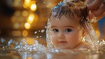 contento bebé salpicaduras en un bañera lleno con agua durante Tiempo de juego en un acogedor hogar ajuste foto