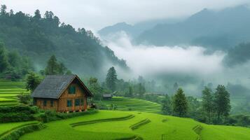 Lush green rice terraces with misty mountains in the background during early morning hours photo