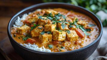 Creamy curry with tofu served over fluffy rice in a rustic bowl photo