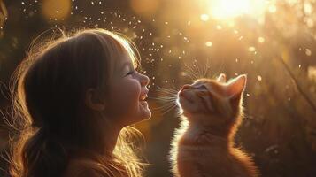 Girl smiles joyfully as she shares a tender moment with an orange cat during sunset in a natural setting photo